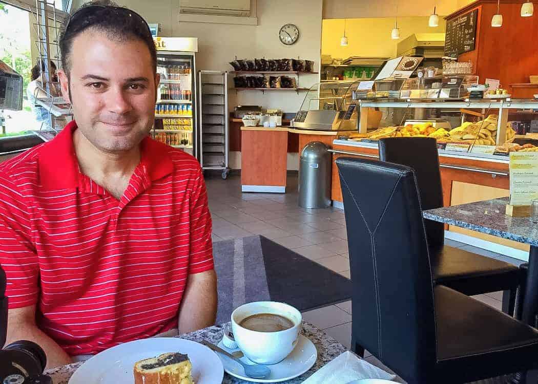 John having breakfast in German bakery