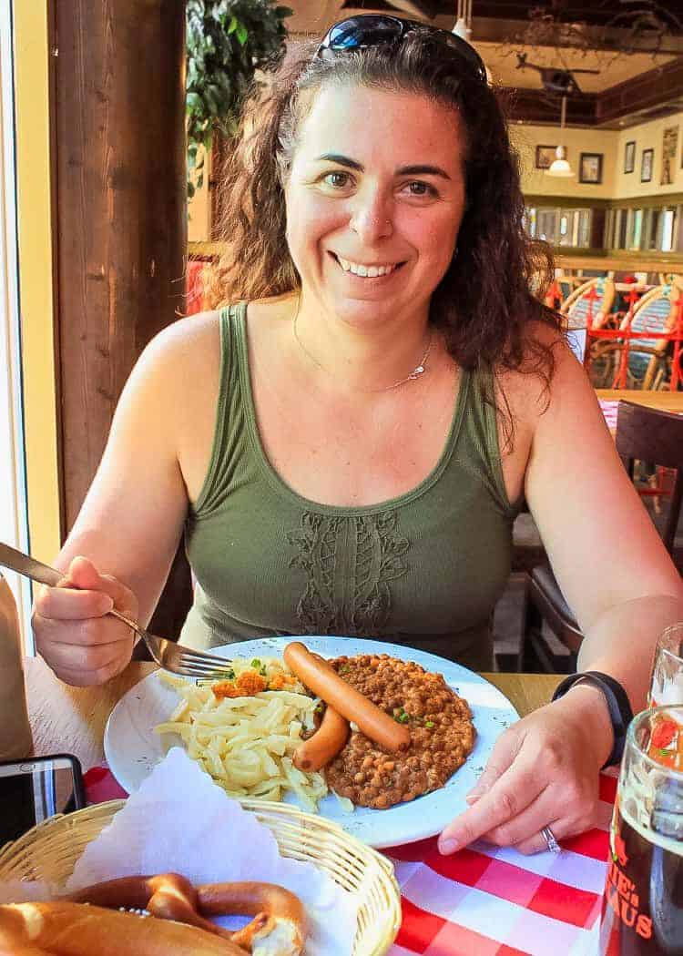 Me eating Knackwurst and Spaetzle