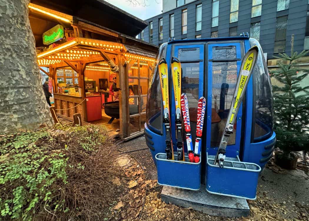 Reutlingen Christmas Market - Flammlachs stand with Ski gondola seating
