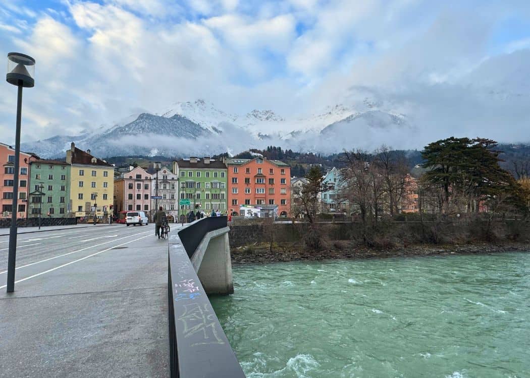 Innsbruck Christmas Markets - Cold day in December in Innsbruck - view of town across the river