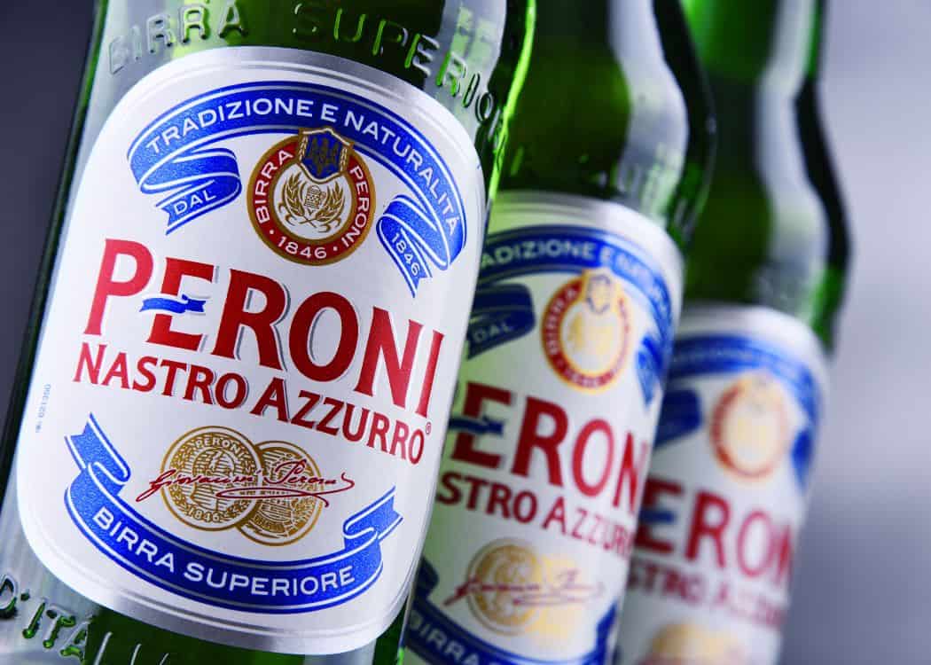 Three bottles of Peroni beer up close